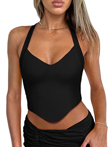 REORIA Double Lined Sexy Halter Tops for Women V Neck Sleeveless